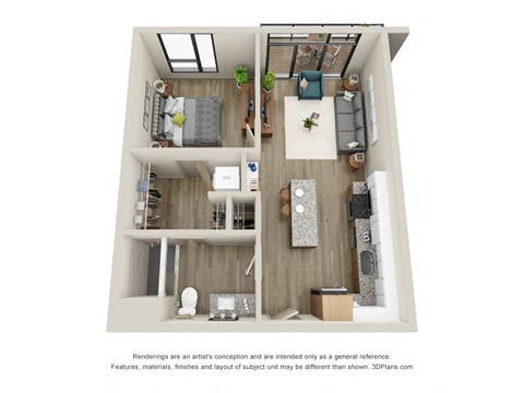 Floor plan for 1 bed, 1 bath, 626 sqft